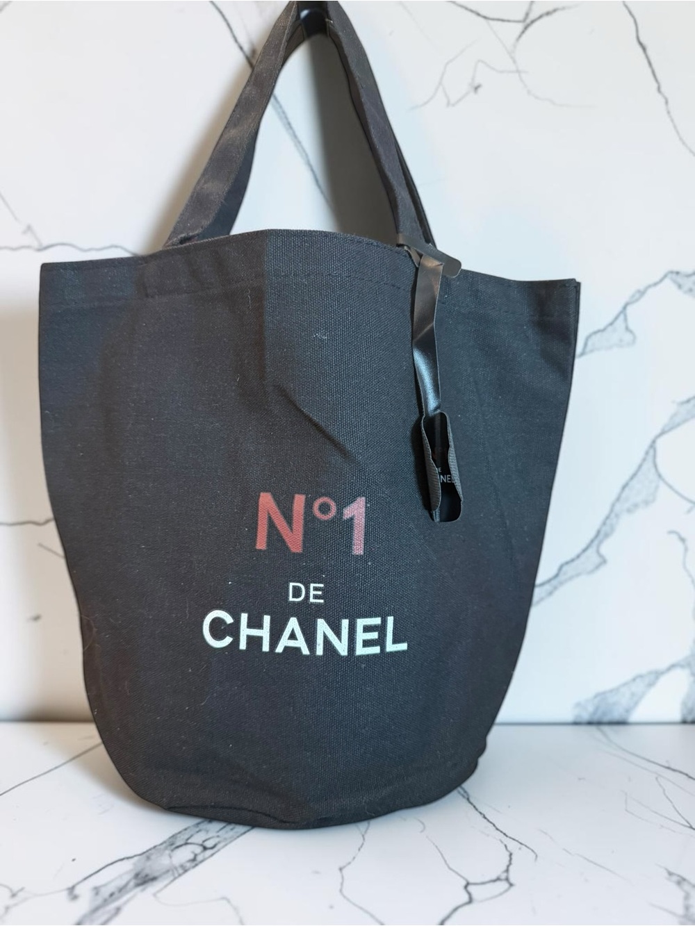 Source Unknown Black Bucket Canvas Tote with Pink N°1 and White  Print